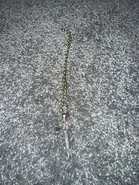 Silver Tone Key Pendant Necklace with Pink and Green Accents